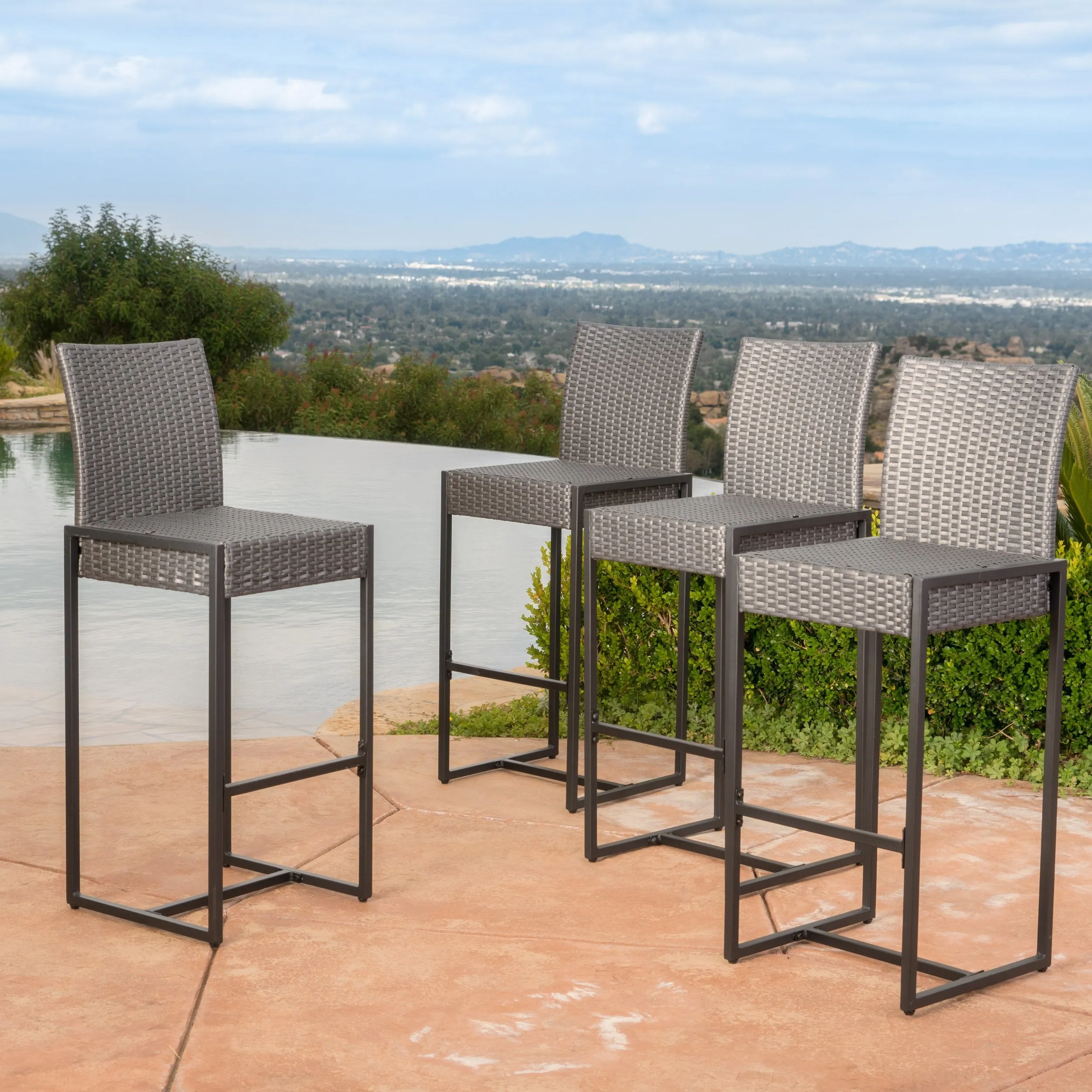 Outdoor Transitional 30-Inch Gray Wicker Barstools with Metal Frame - NH726003