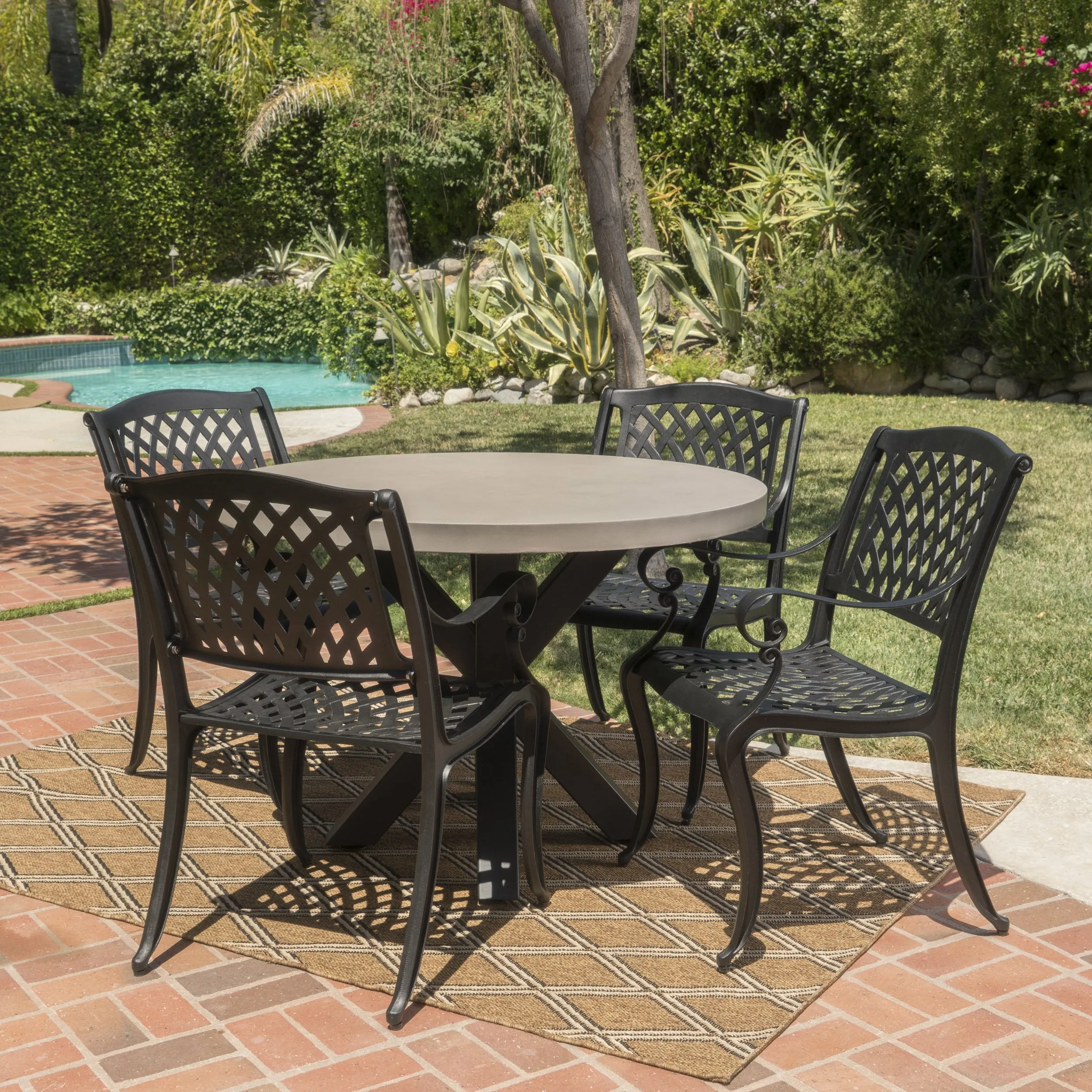Outdoor Transitional 5 Piece Cast Aluminum Dining Set with Lightweight Concrete Table - NH883103 patio chairs, outdoor seating