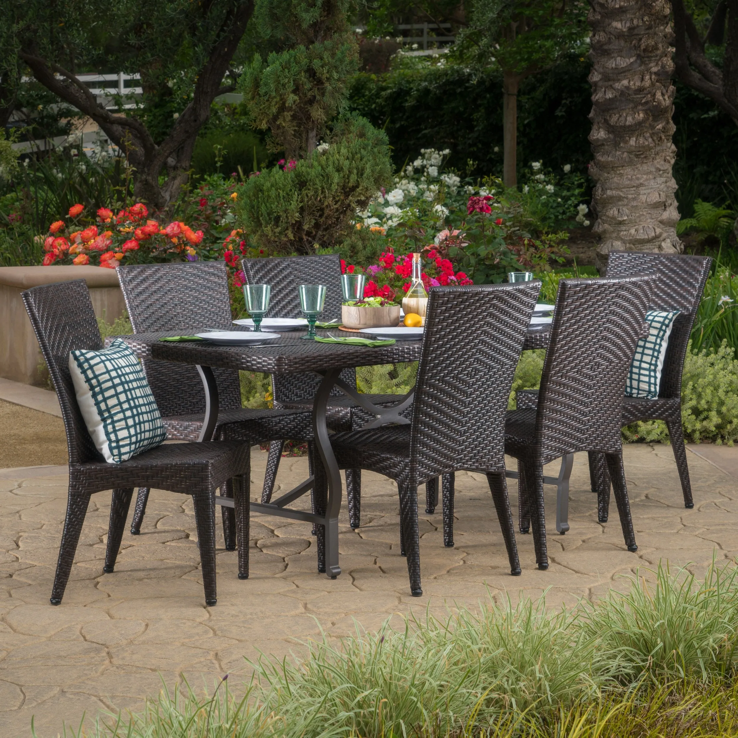 Outdoor Transitional 7-Piece Multi-Brown Wicker Dining Set - NH355003 patio chairs, outdoor seating