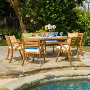 Outdoor Transitional 7-Piece Teak Acacia Wood Dining Set with Cushions - NH252792 patio chairs, outdoor seating