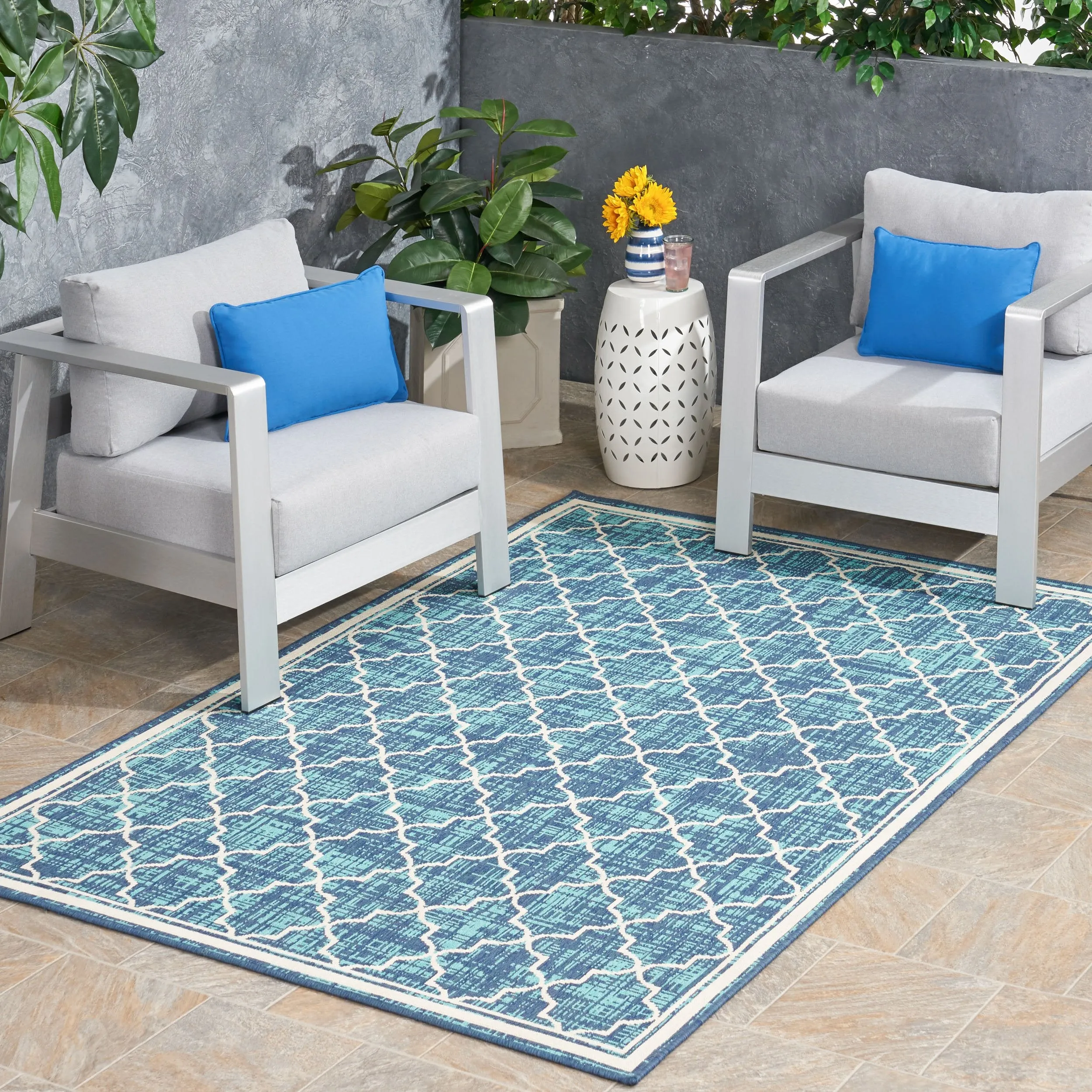 Outdoor Trellis Area Rug, Blue and Ivory - NH575803