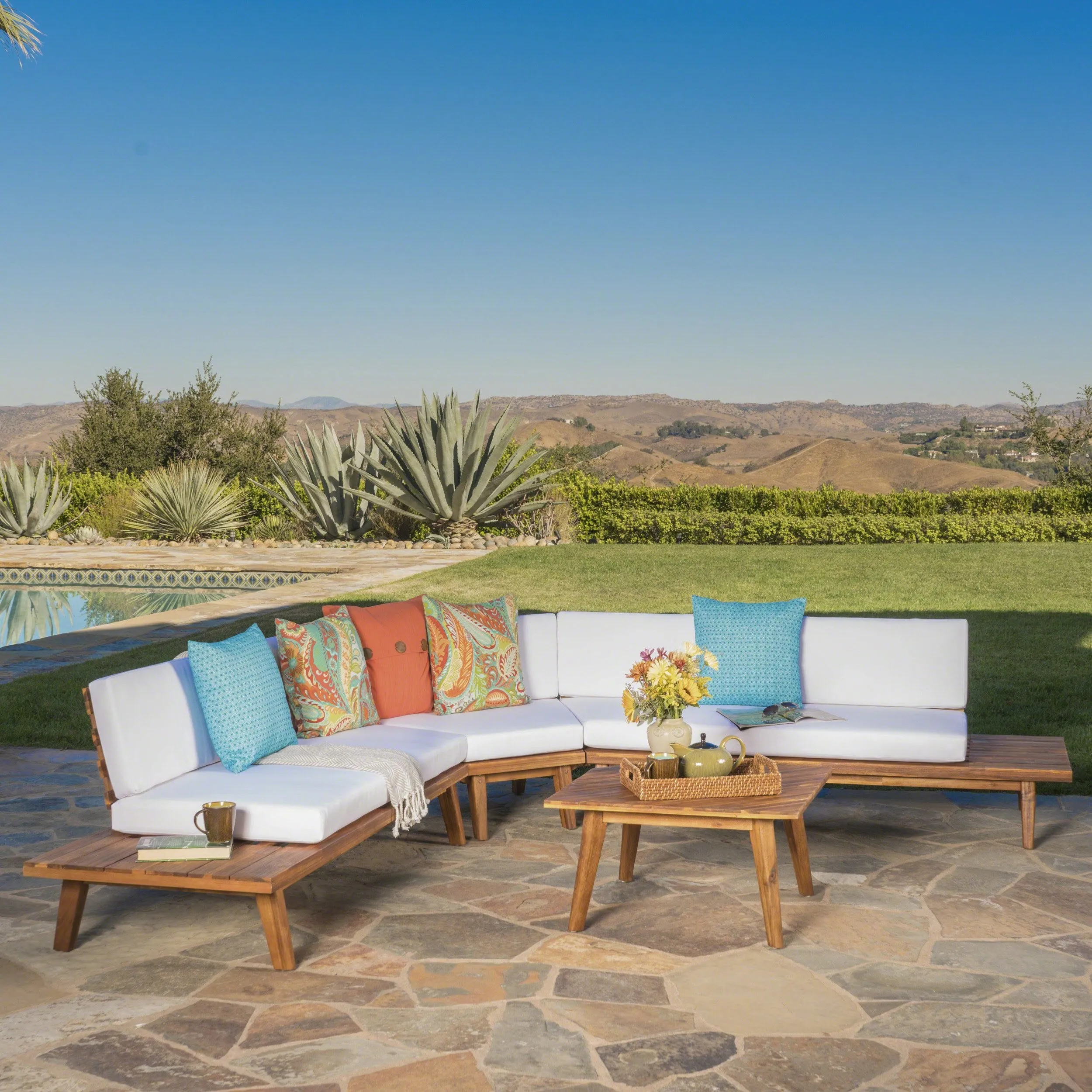 Outdoor V Shaped 4 Piece Acacia Wood Sectional Sofa Set - NH806203 patio chairs, outdoor seating