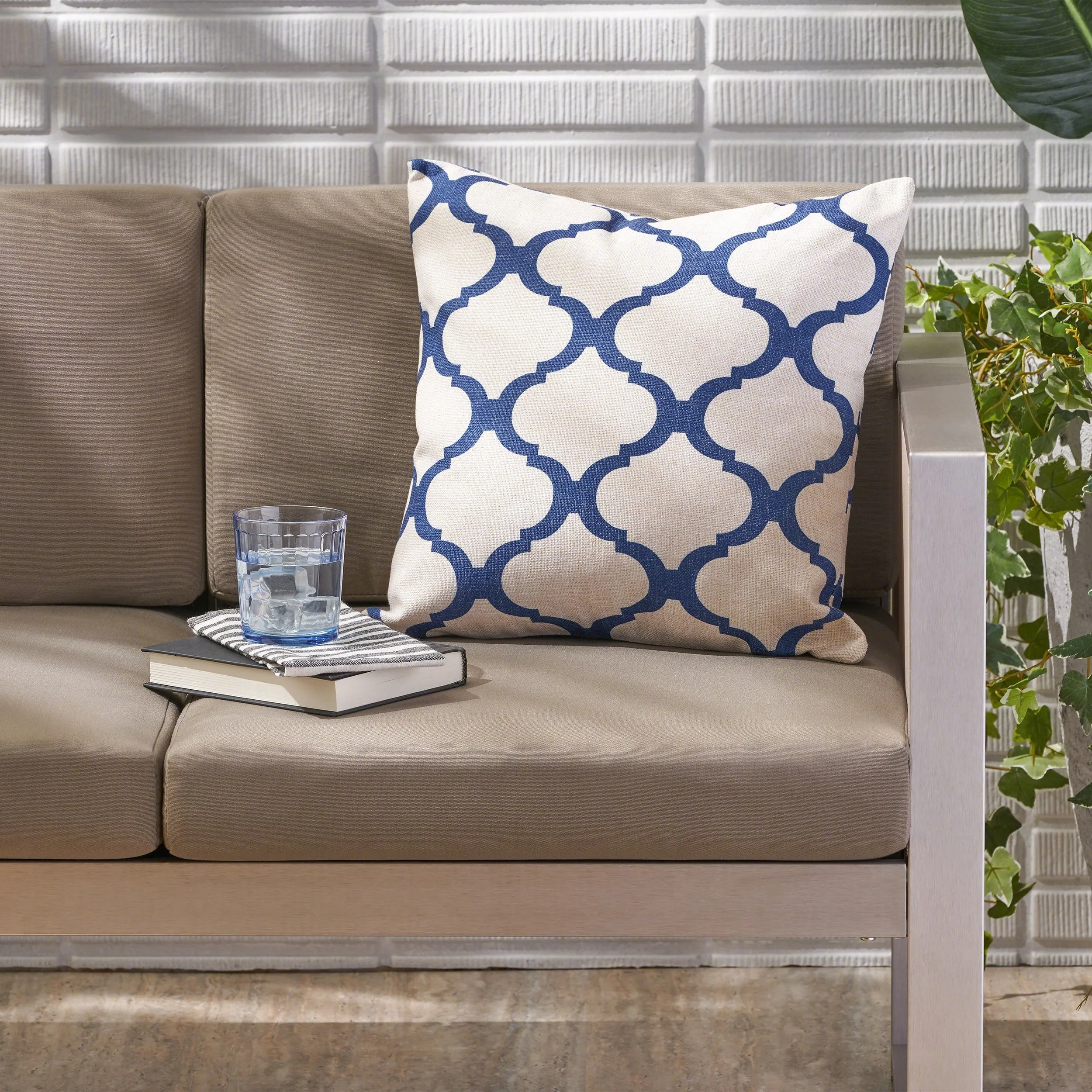 Outdoor Water Resistant 18-inch Square Pillow, Blue on Beige - NH297503 patio chairs, outdoor seating