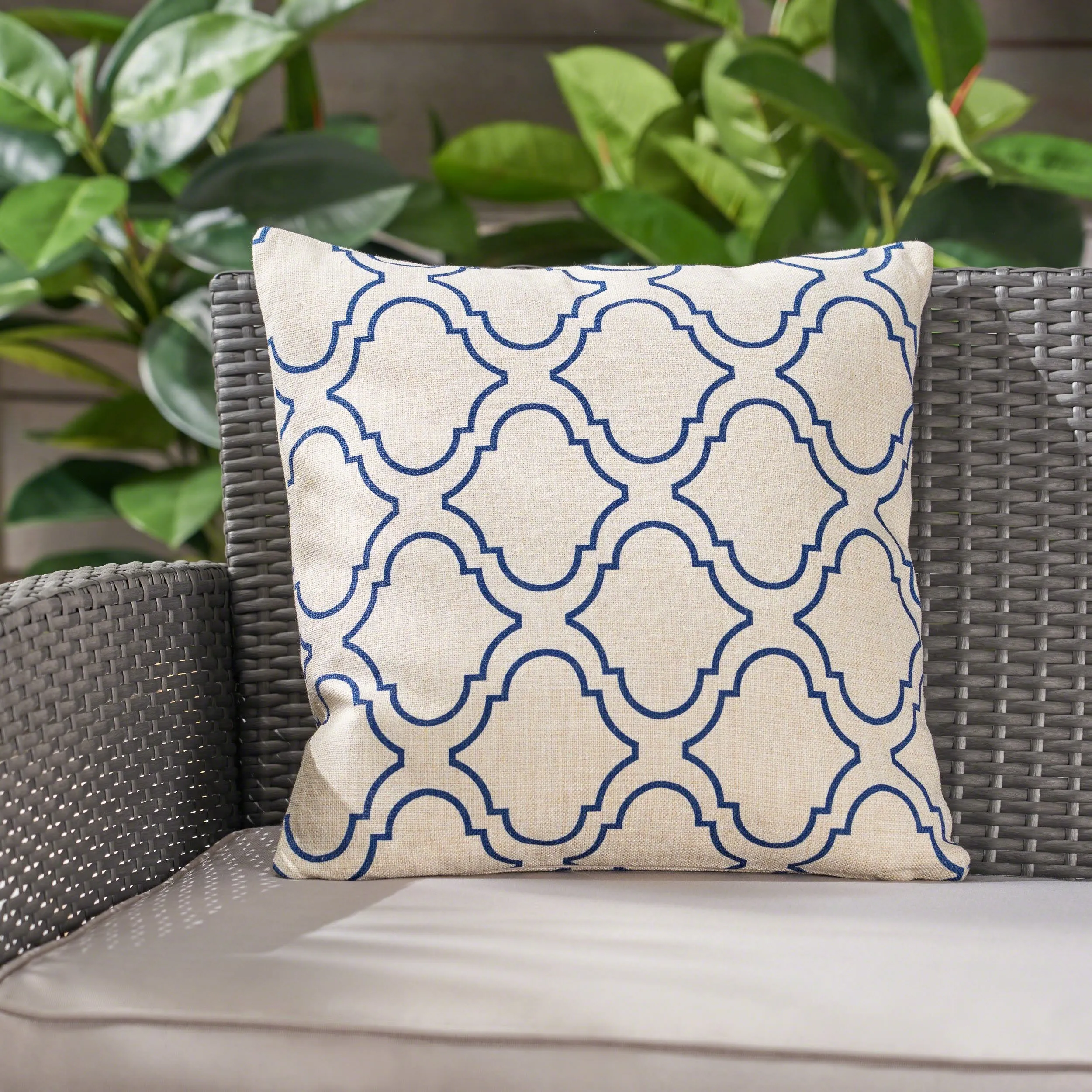 Outdoor Water Resistant 18-inch Square Pillow, Blue on Beige - NH497503 patio chairs, outdoor seating