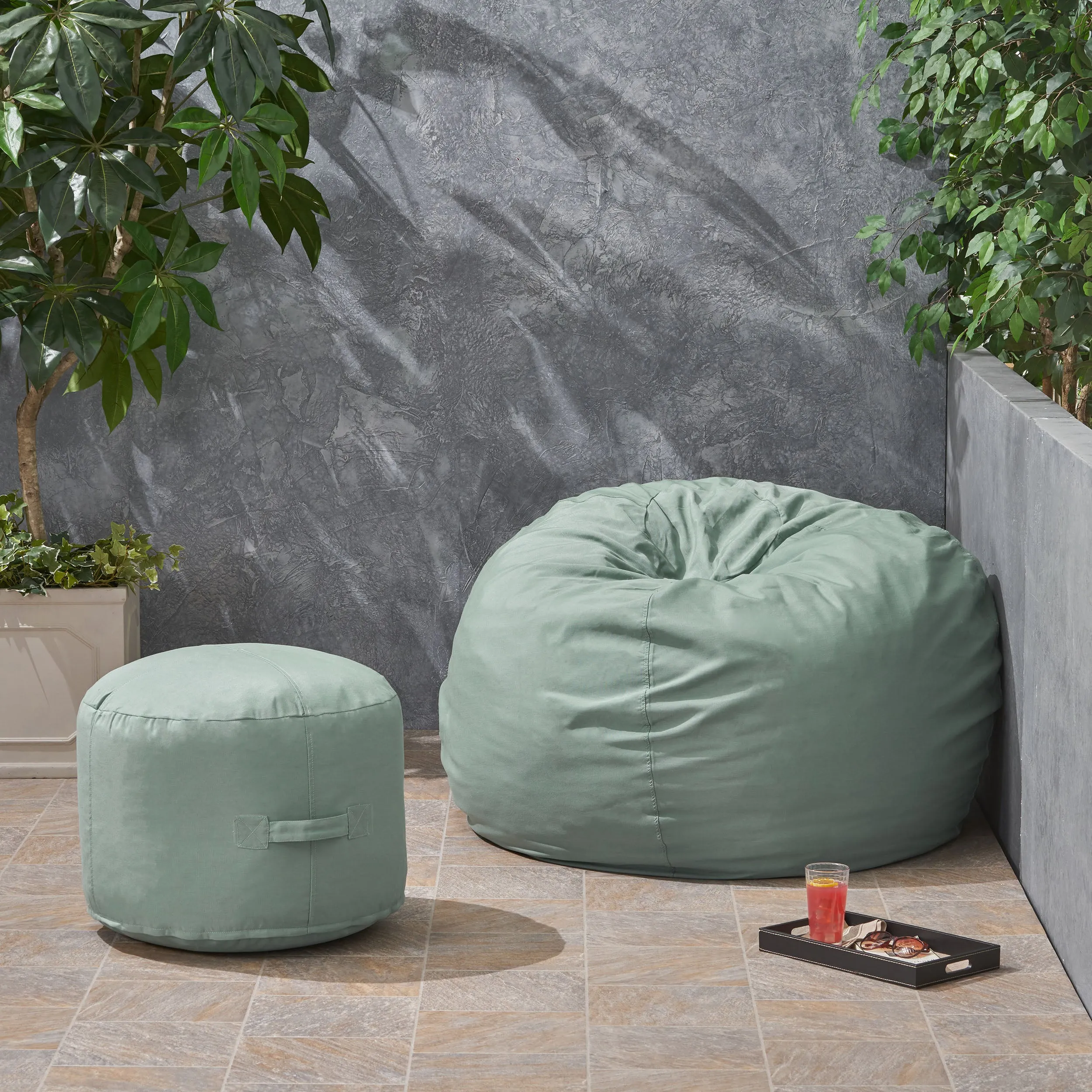 Outdoor Water Resistant 4.5 Bean Bag and 2 Ottoman Pouf Set - NH510803 patio chairs, outdoor seating