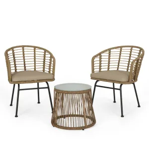 Outdoor Wicker 2 Seater Chat Set, Light Brown and Beige - NH899413 patio chairs, outdoor seating
