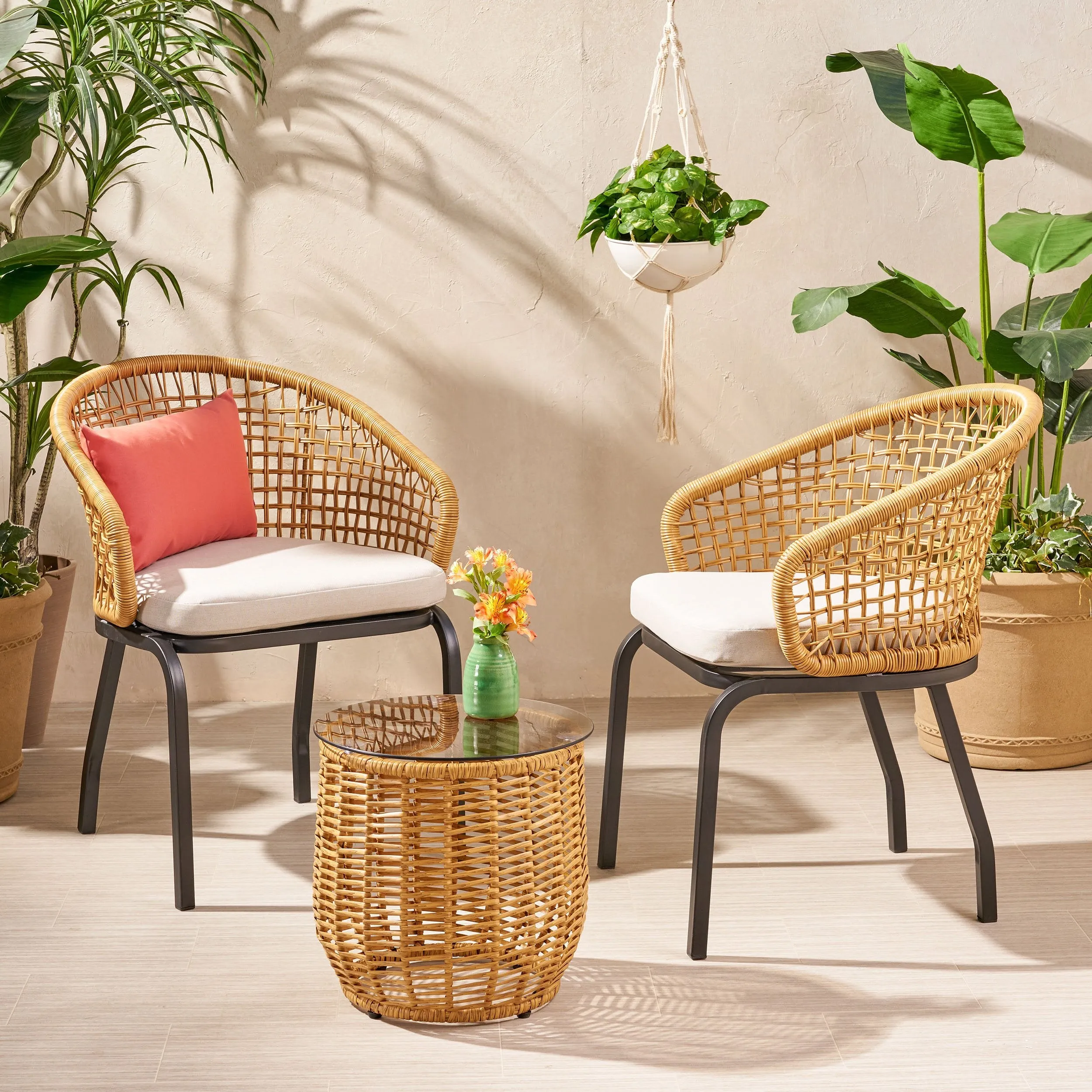 Outdoor Wicker 3 Piece Chat Set with Side Table - NH607113 patio chairs, outdoor seating