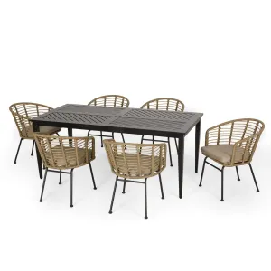 Outdoor Wicker 7 Piece Dining Set, Light Brown, Black, and Beige - NH999413 patio chairs, outdoor seating