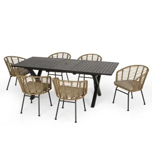 Outdoor Wicker 7 Piece Dining Set, Light Brown, Matte Black, and Beige - NH000513 patio chairs, outdoor seating