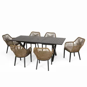 Outdoor Wicker 7 Piece Dining Set with Cushion, Matte Black, Light Brown, and Beige - NH181513 patio chairs, outdoor seating