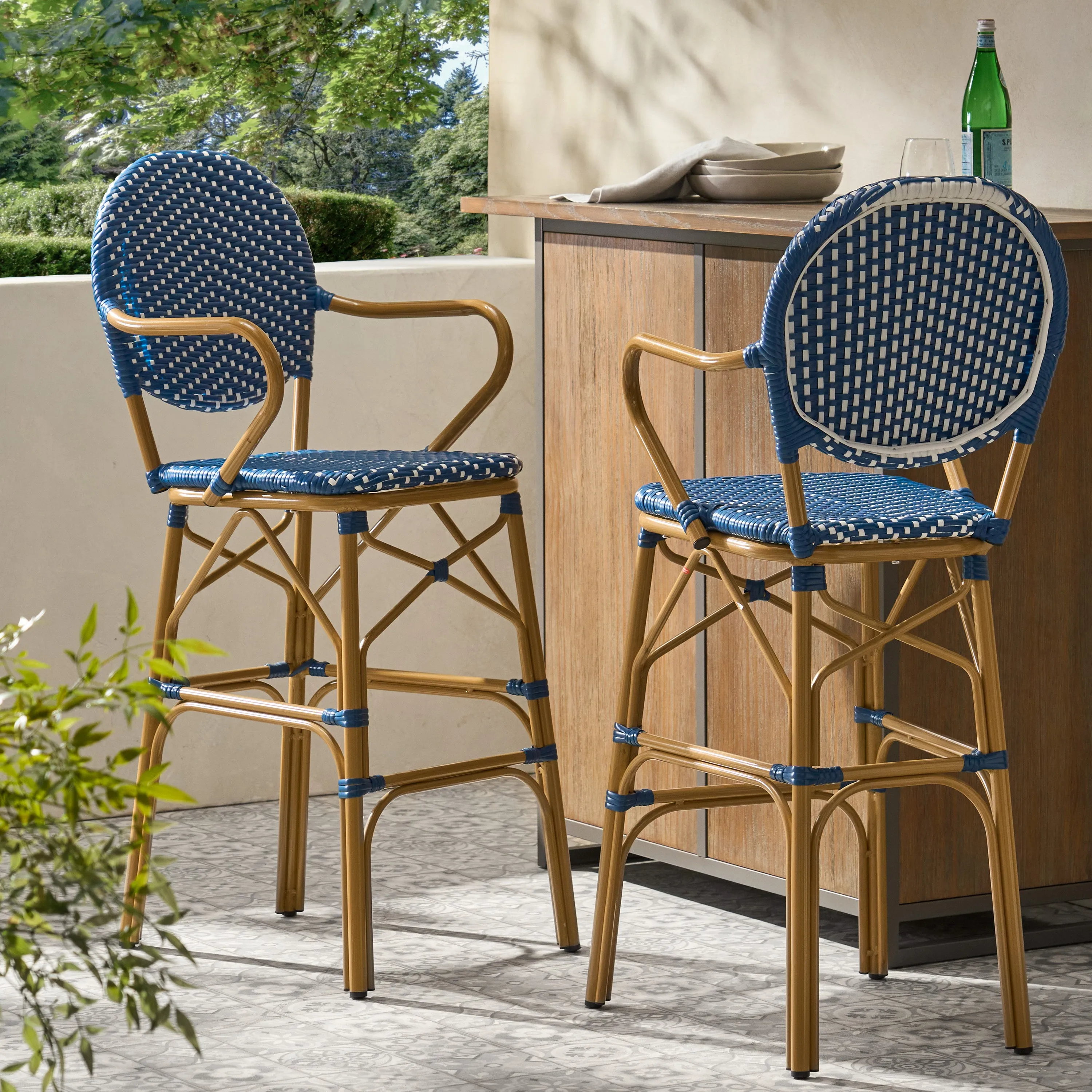 Outdoor Wicker and Aluminum French Barstools