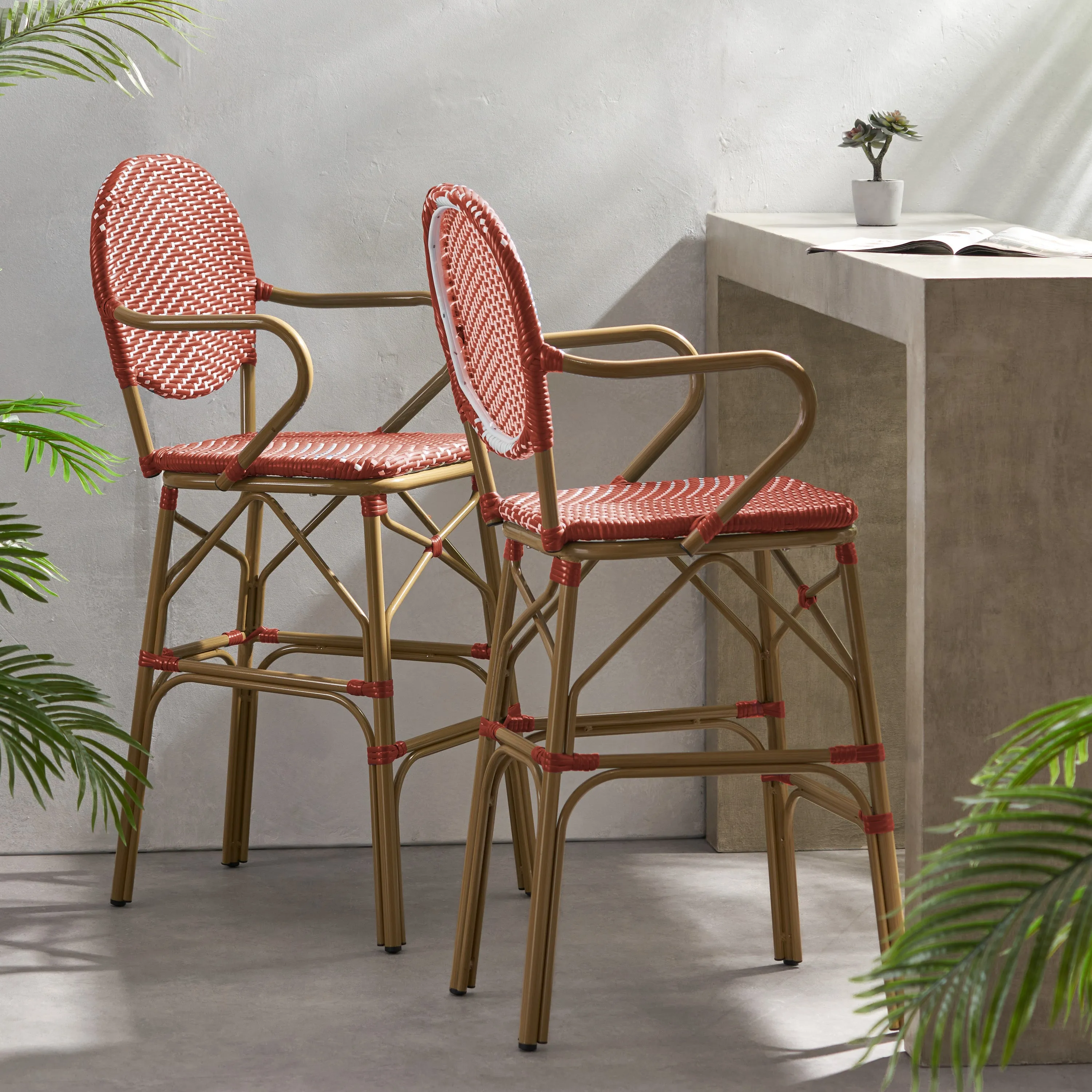 Outdoor Wicker and Aluminum French Barstools