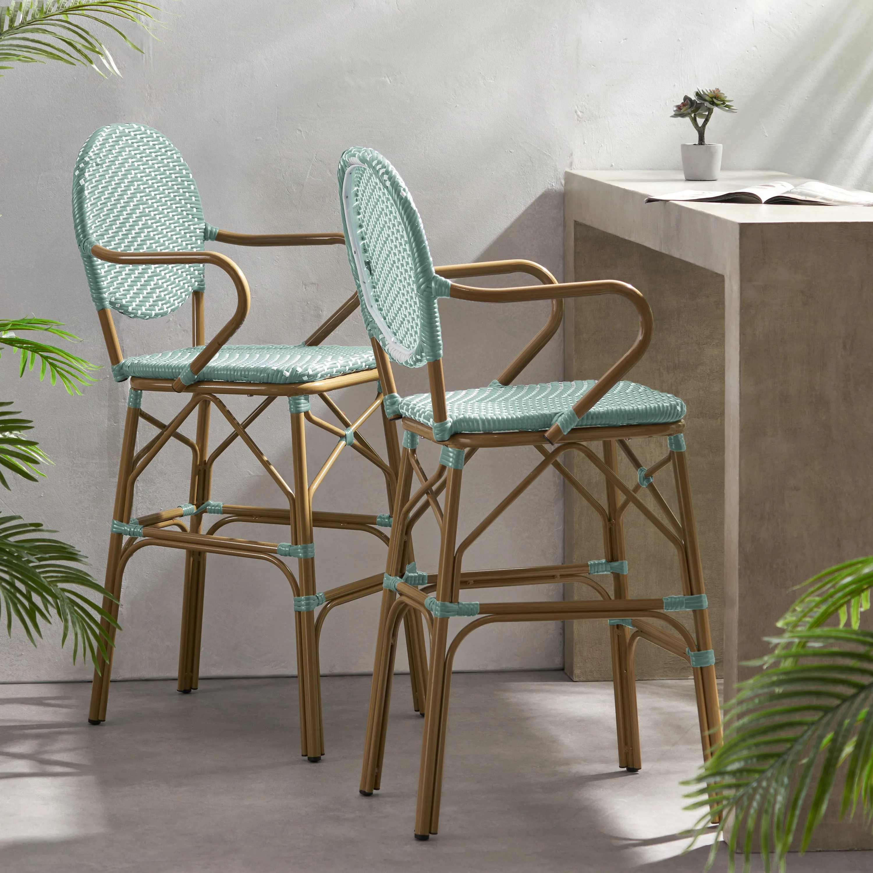 Outdoor Wicker and Aluminum French Barstools patio chairs, outdoor seating