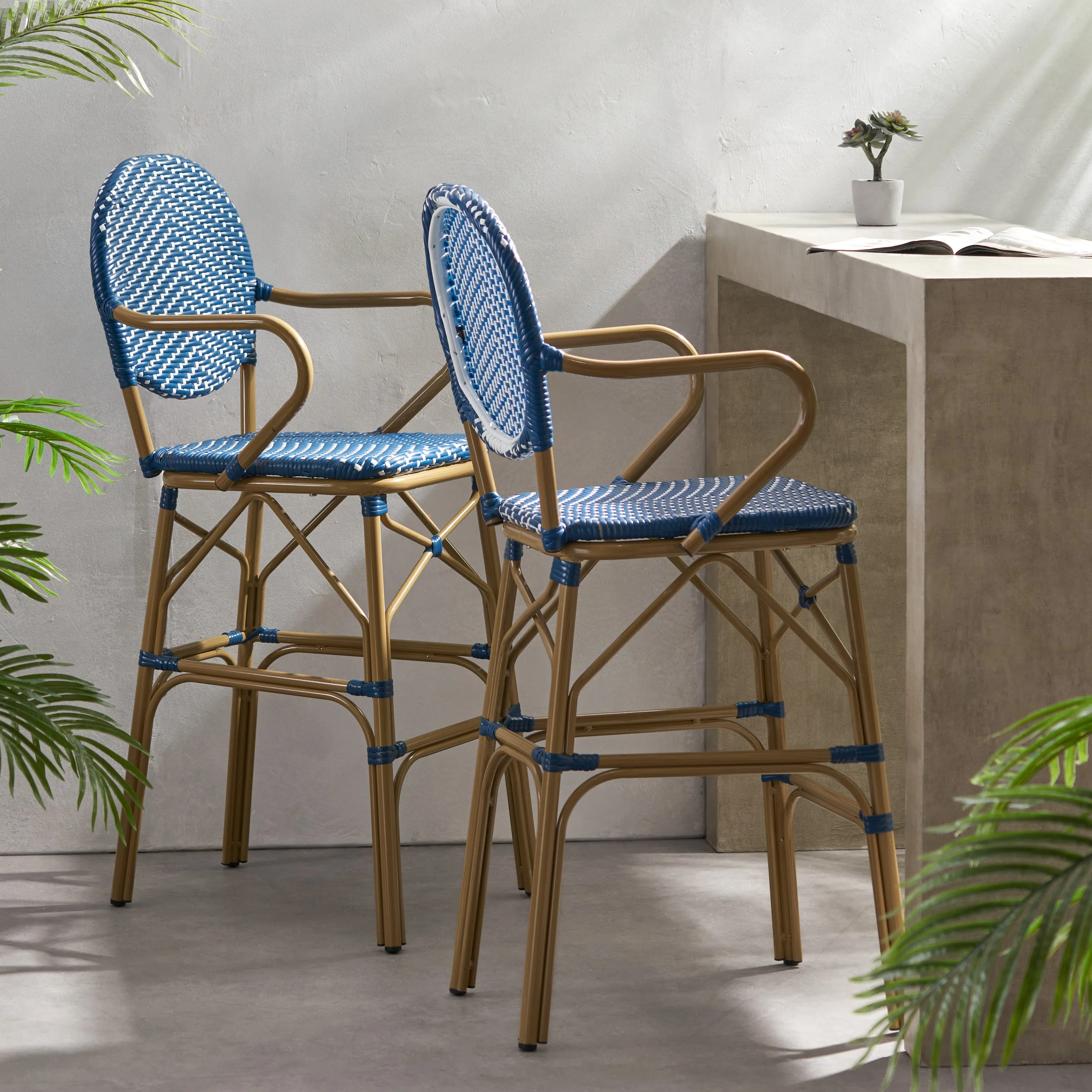 Outdoor Wicker and Aluminum French Barstools