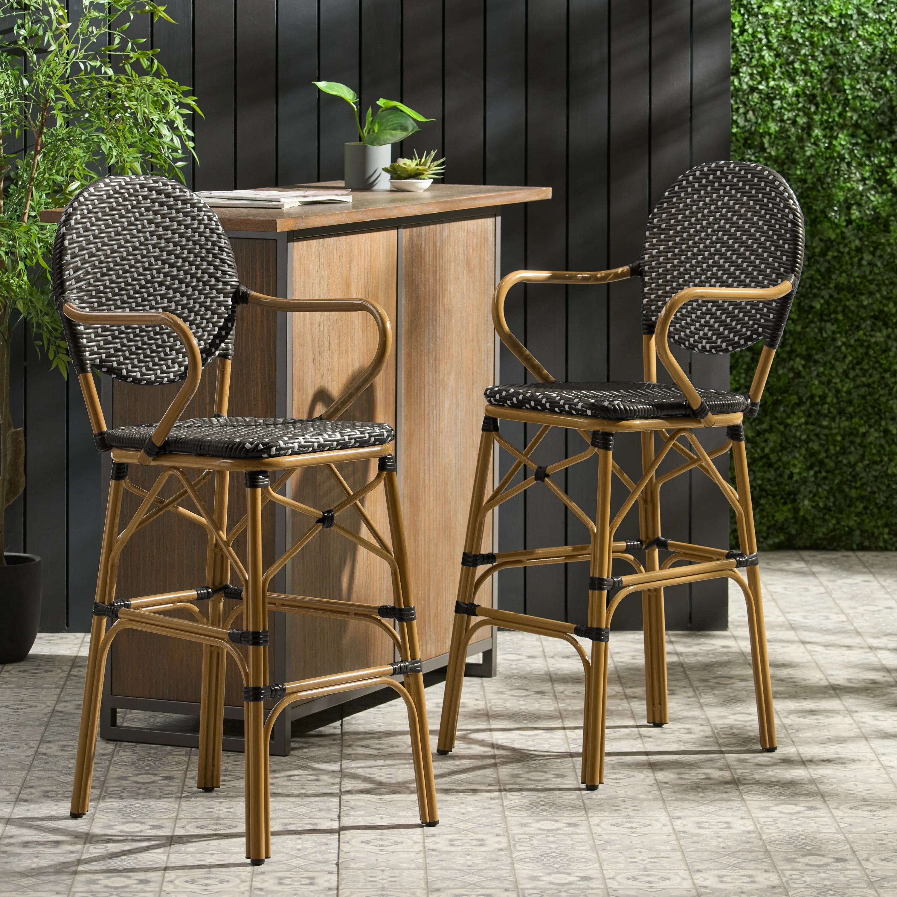 Outdoor Wicker and Aluminum French Barstools