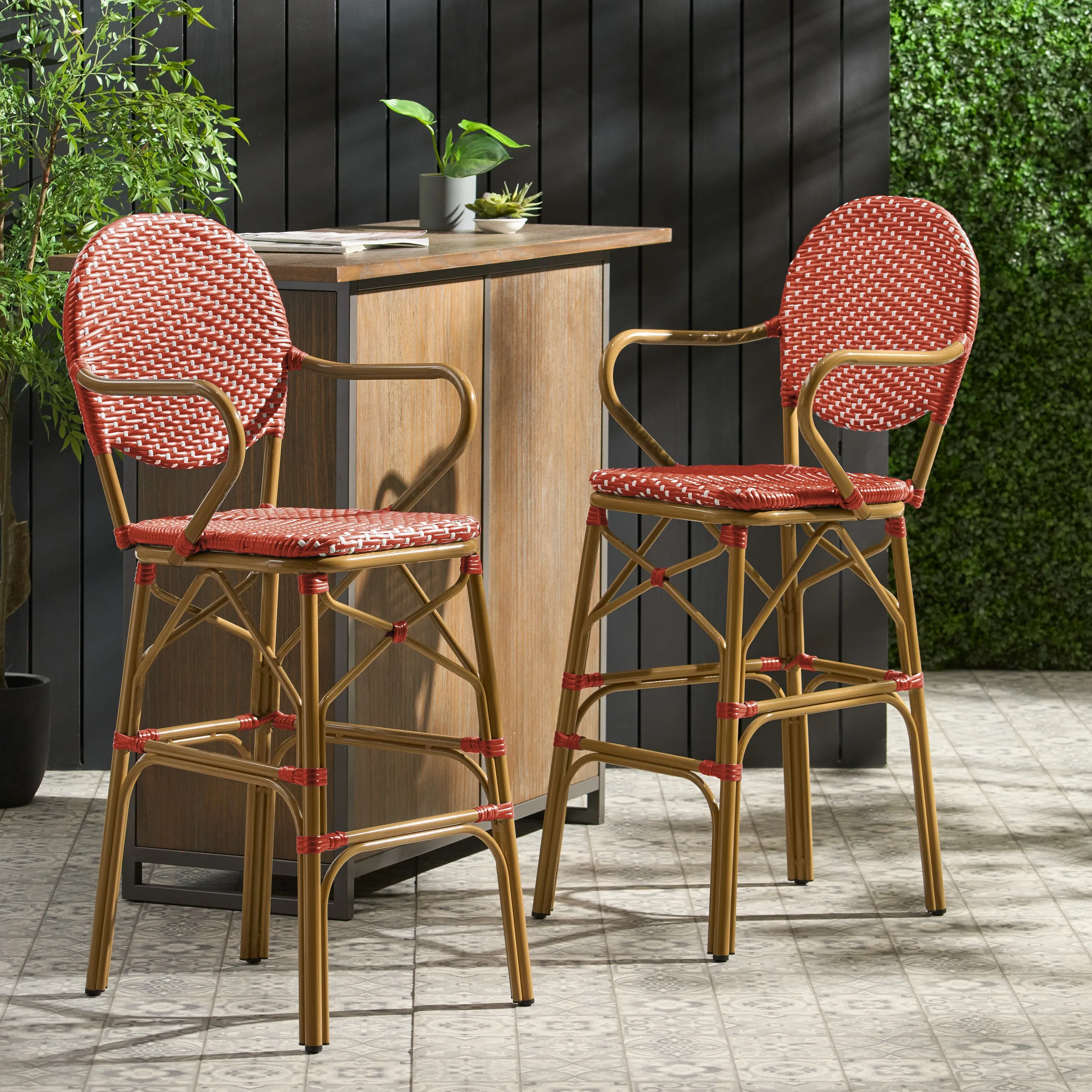 Outdoor Wicker and Aluminum French Barstools