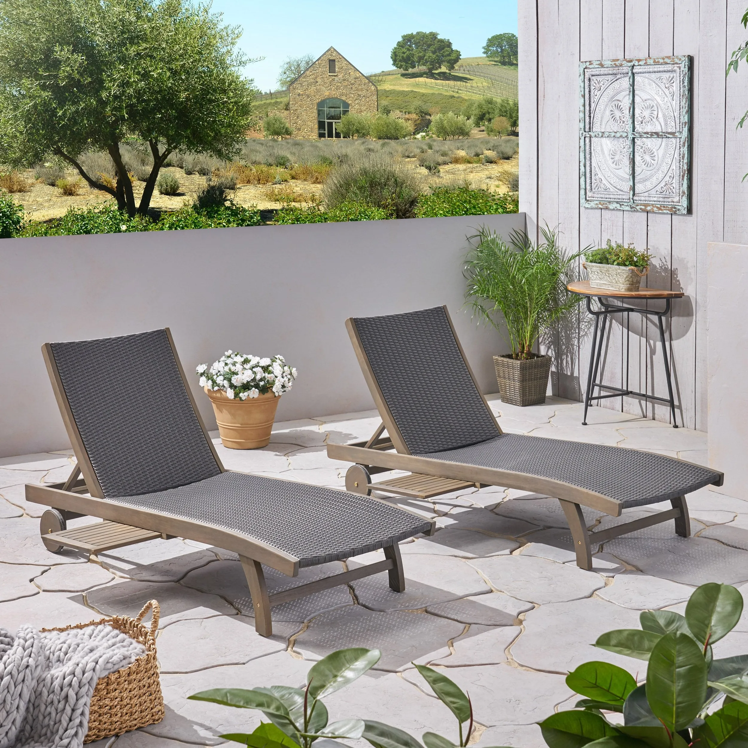 Outdoor Wicker and Wood Chaise Lounge with Pull-Out Tray - NH276703 patio chairs, outdoor seating