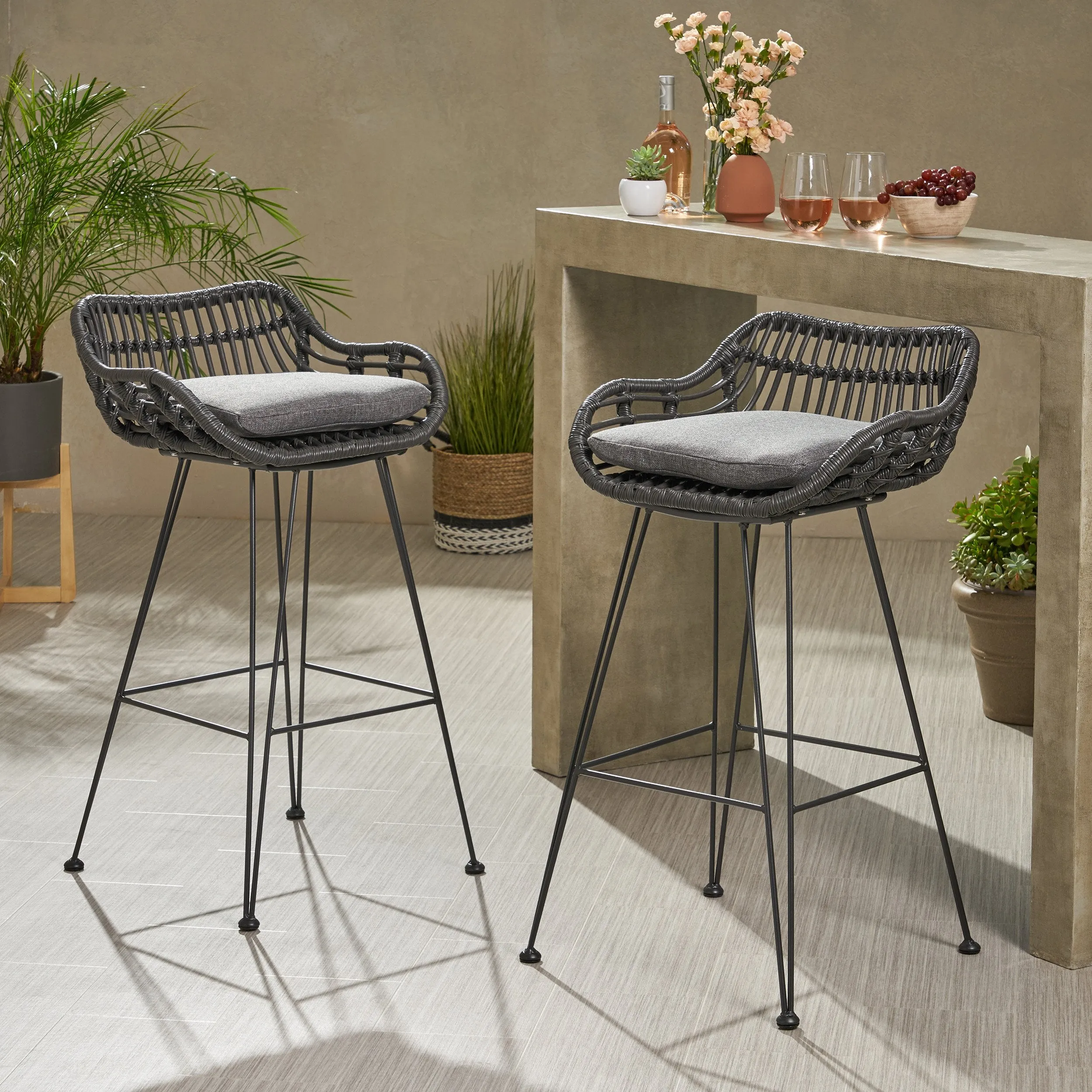 Outdoor Wicker Barstools with Cushions (Set of 2) - NH389903 patio chairs, outdoor seating