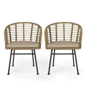 Outdoor Wicker Chair with Water Resistant Cushion, Set of 2, Light Brown and Beige - NH799413 patio chairs, outdoor seating