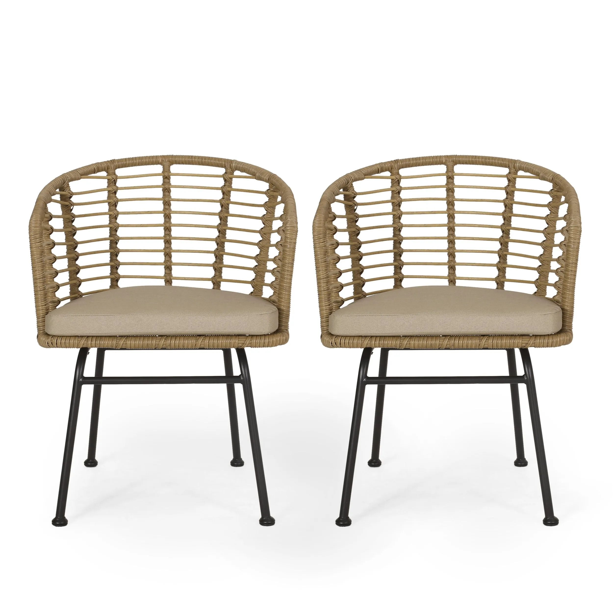 Outdoor Wicker Chair with Water Resistant Cushion, Set of 2, Light Brown and Beige - NH799413 patio chairs, outdoor seating