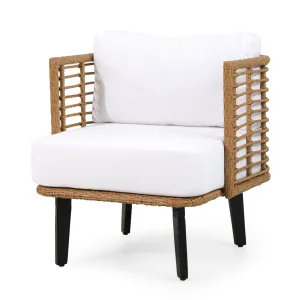 Outdoor Wicker Club Chair with Water Resistant Cushion, Light Brown and White - NH200513 patio chairs, outdoor seating