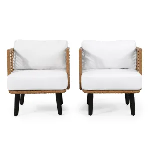 Outdoor Wicker Club Chair with Water Resistant Cushion, Set of 2, Light Brown and White - NH300513 patio chairs, outdoor seating