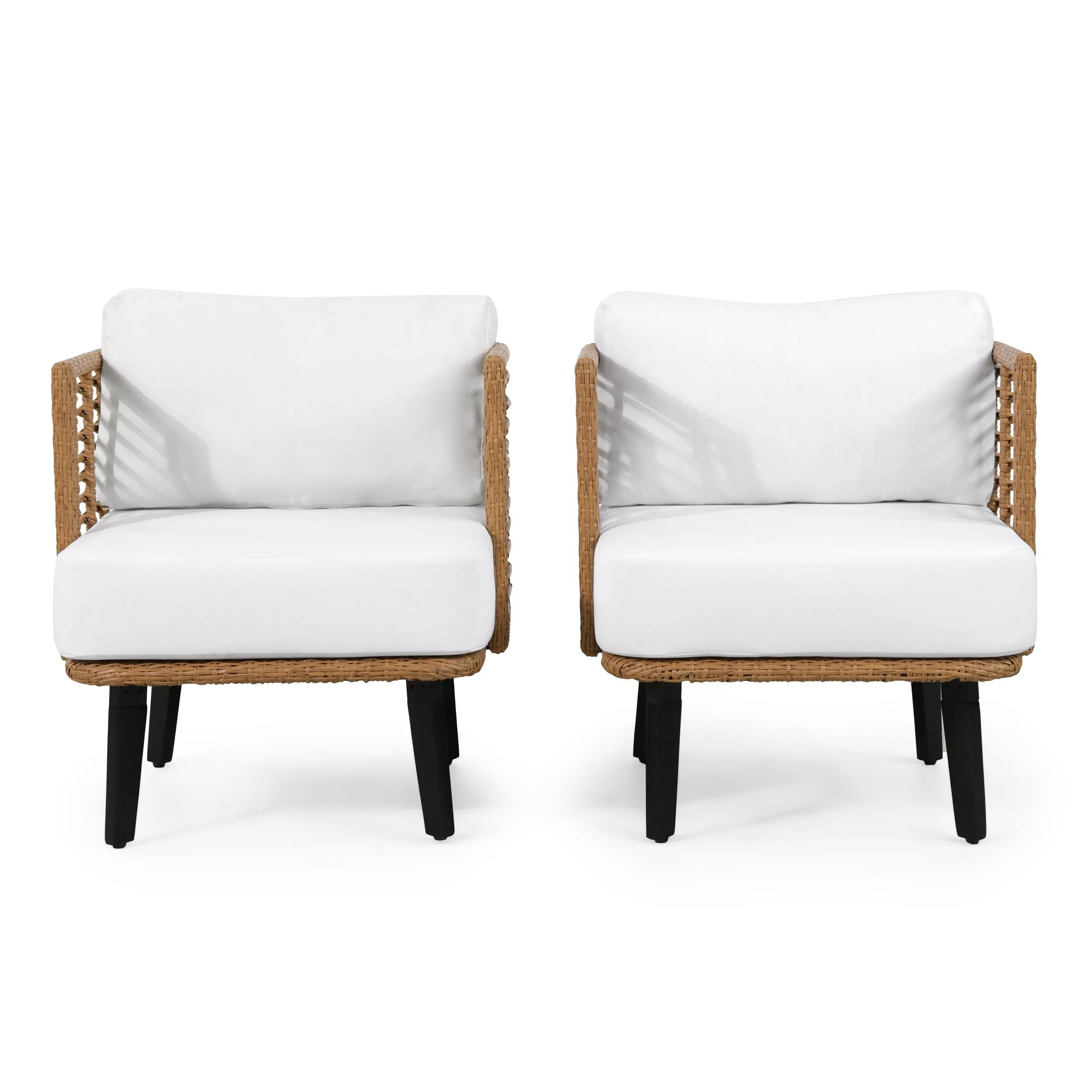 Outdoor Wicker Club Chair with Water Resistant Cushion, Set of 2, Light Brown and White - NH300513 patio chairs, outdoor seating