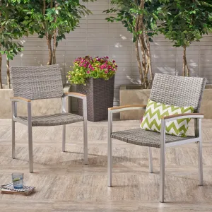 Outdoor Wicker Dining Chair with Aluminum Frame (Set of 2), Gray and Silver - NH576503 patio chairs, outdoor seating