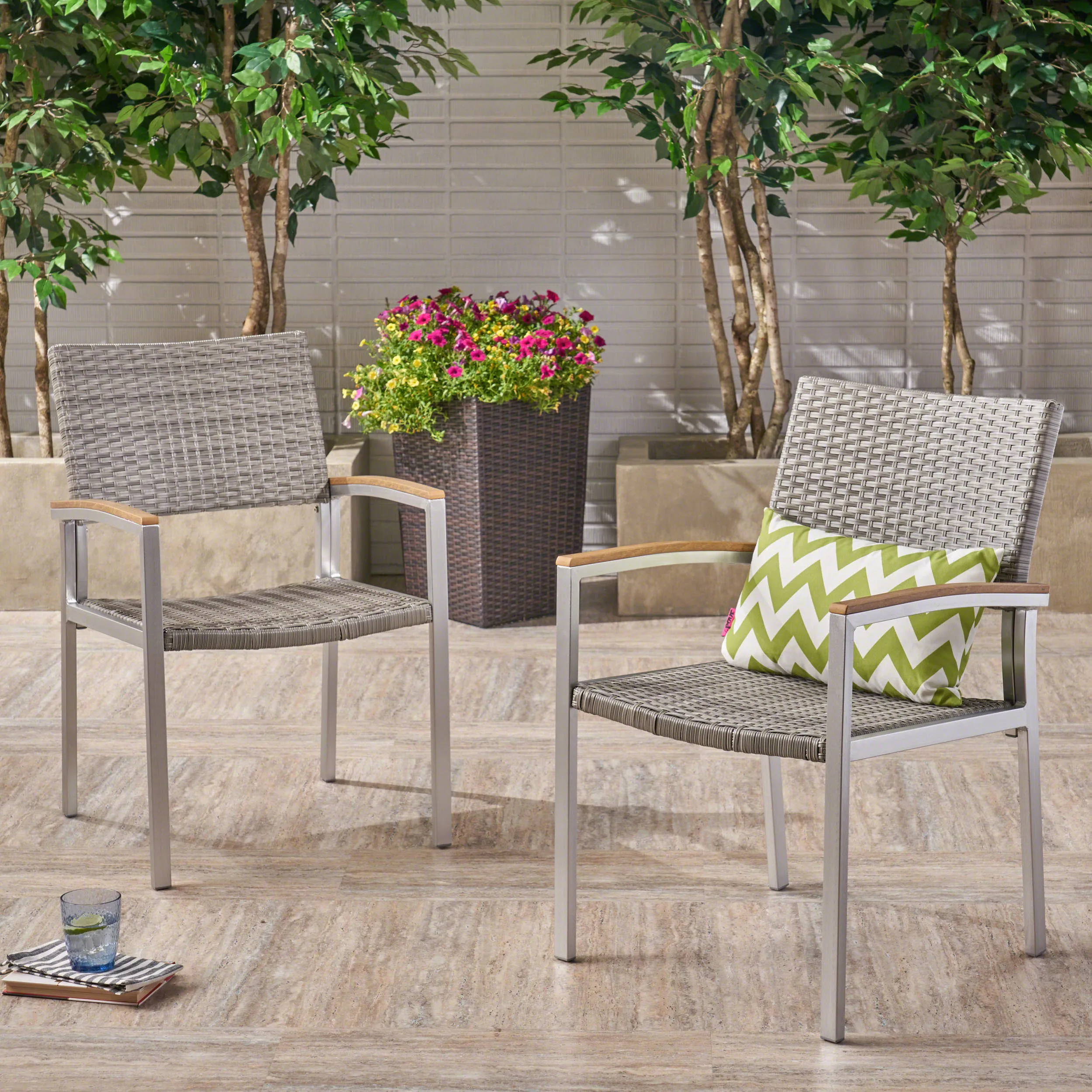 Outdoor Wicker Dining Chair with Aluminum Frame (Set of 2), Gray and Silver - NH576503 patio chairs, outdoor seating