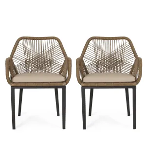 Outdoor Wicker Dining Chair with Cushion, Set of 2, Light Brown and Beige - NH971513 patio chairs, outdoor seating