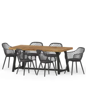 Outdoor Wood and Resin 7 Piece Dining Set, Black and Sandblasted Teak - NH140513 patio chairs, outdoor seating