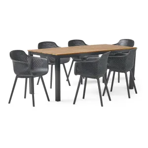 Outdoor Wood and Resin 7 Piece Dining Set, Black and Teak - NH250513 patio chairs, outdoor seating