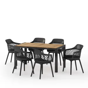 Outdoor Wood and Resin 7 Piece Dining Set, Black and Teak - NH640513 patio chairs, outdoor seating