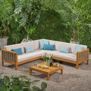 Outdoor Wood and Wicker 5 Seater Sectional Sofa and Coffee Table Set - NH325903 patio chairs, outdoor seating