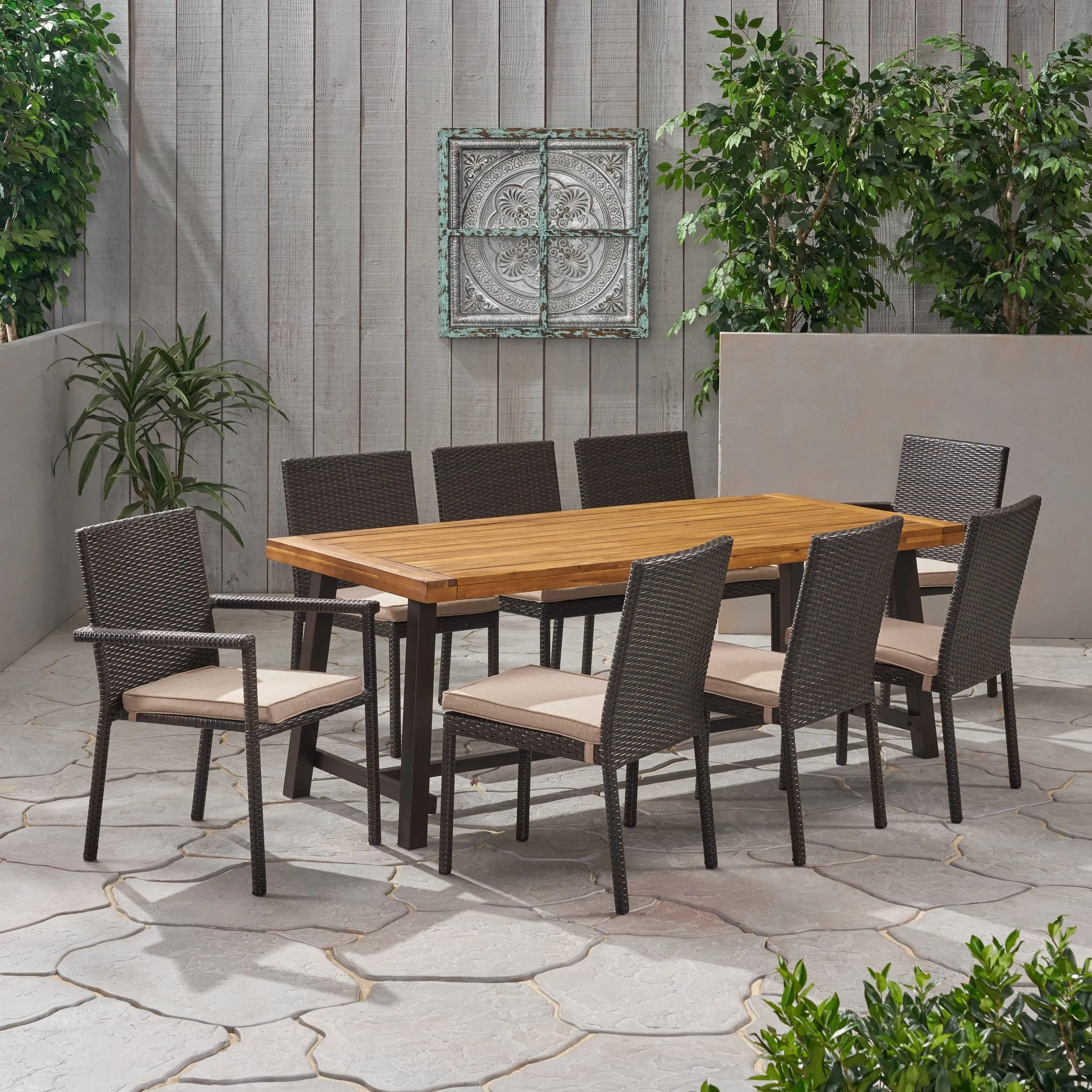 Outdoor Wood and Wicker 8 Seater Dining Set - NH736903 patio chairs, outdoor seating