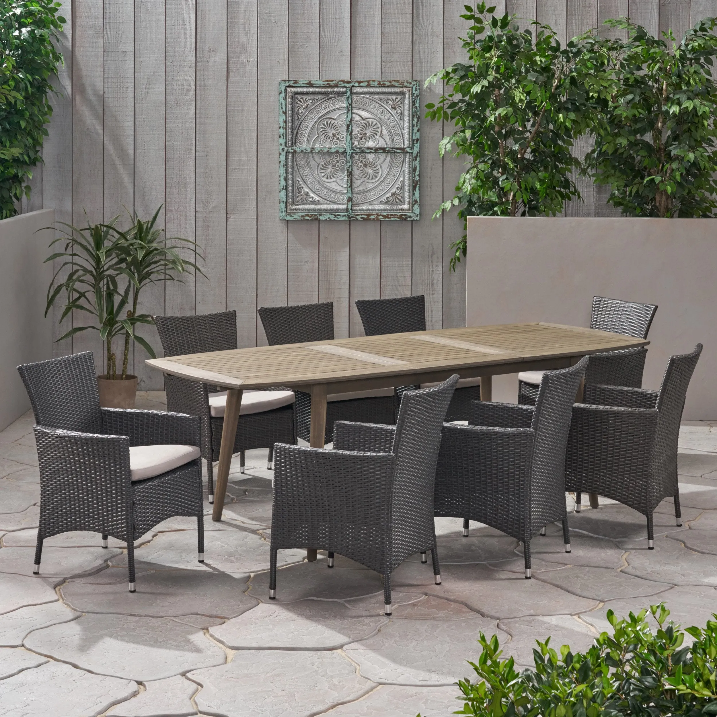 Outdoor Wood and Wicker Expandable 8 Seater Dining Set - NH216903