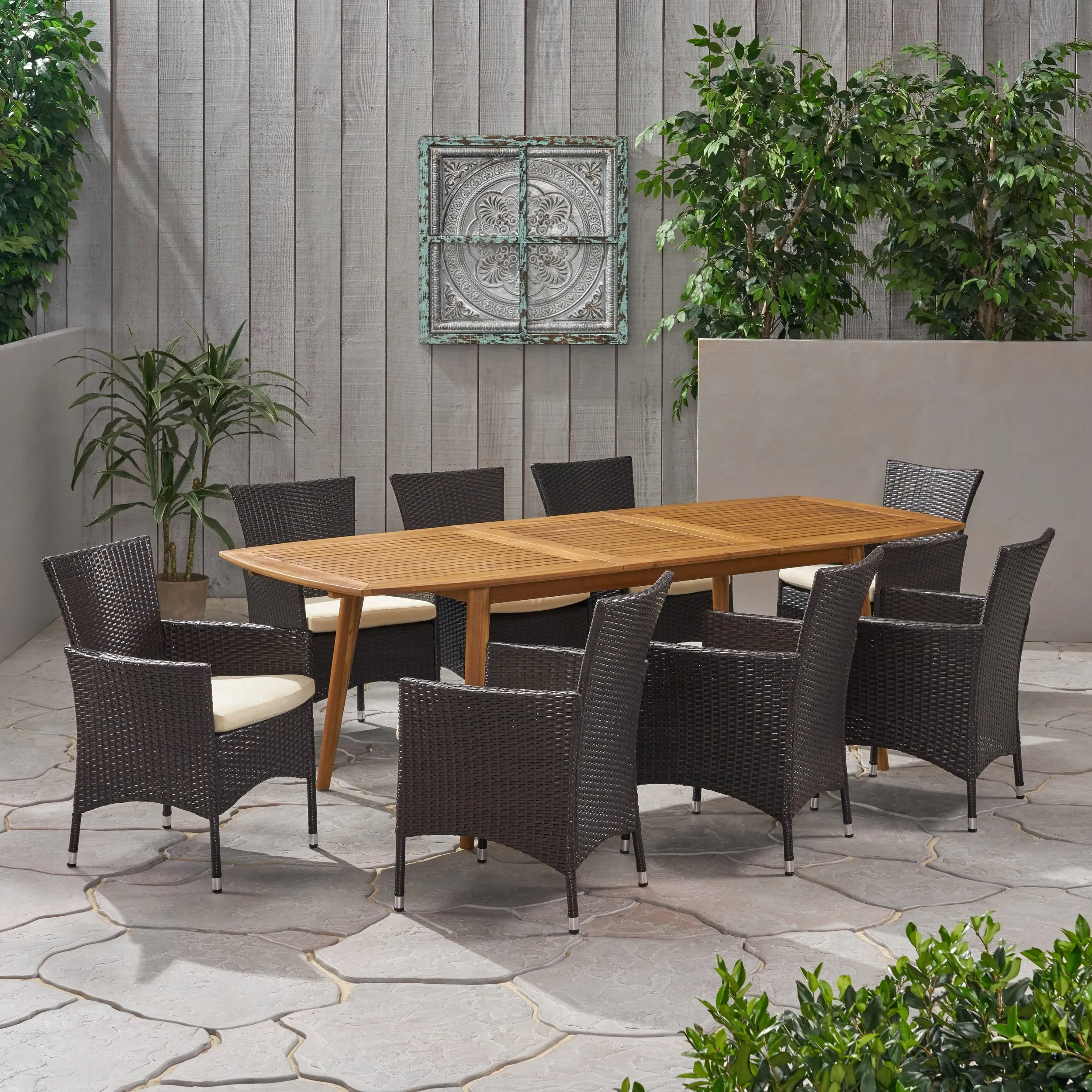 Outdoor Wood and Wicker Expandable 8 Seater Dining Set - NH216903 patio chairs, outdoor seating