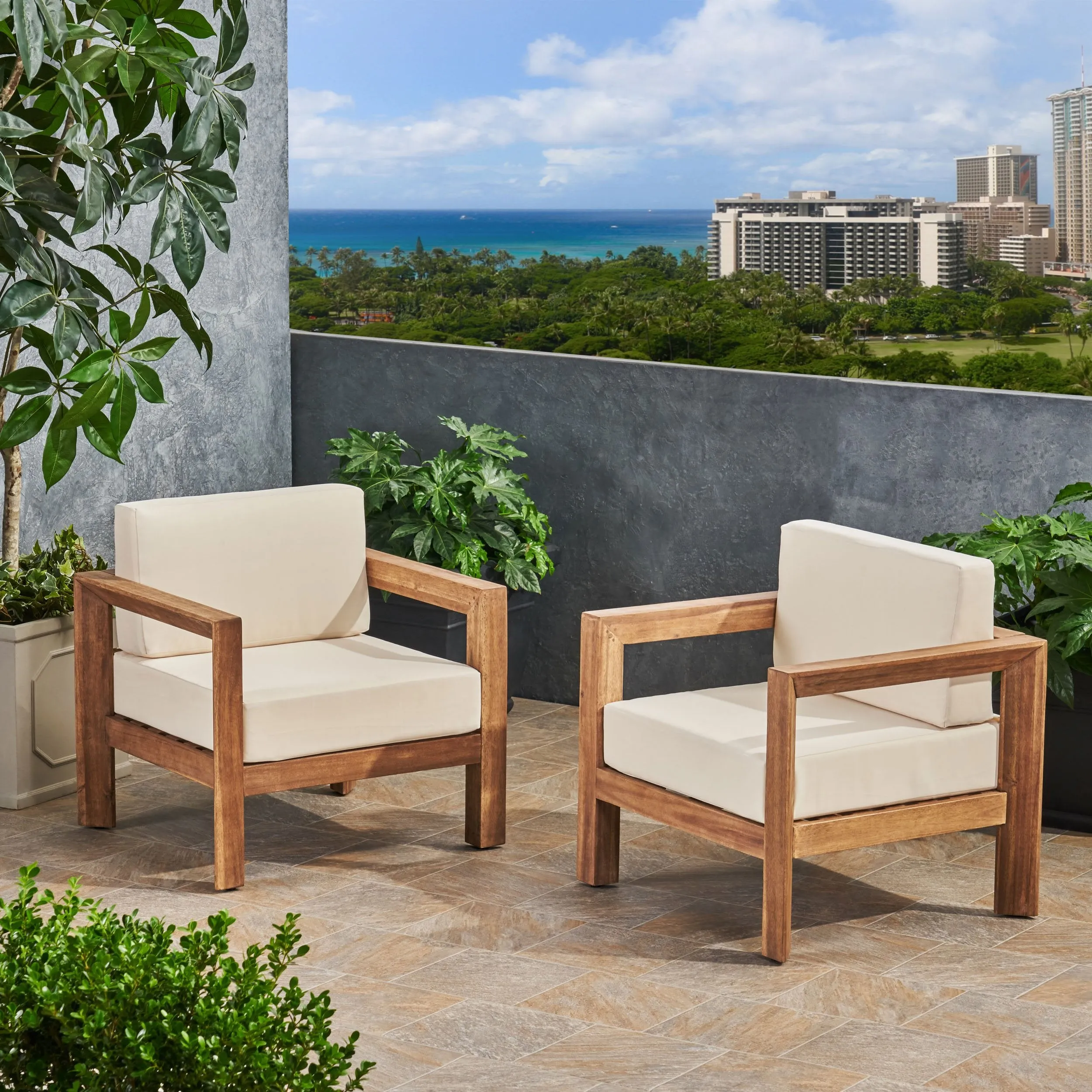 Outdoor Wooden Club Chairs with Cushions (Set of 2), Beige and Brown Finish - NH172903 patio chairs, outdoor seating