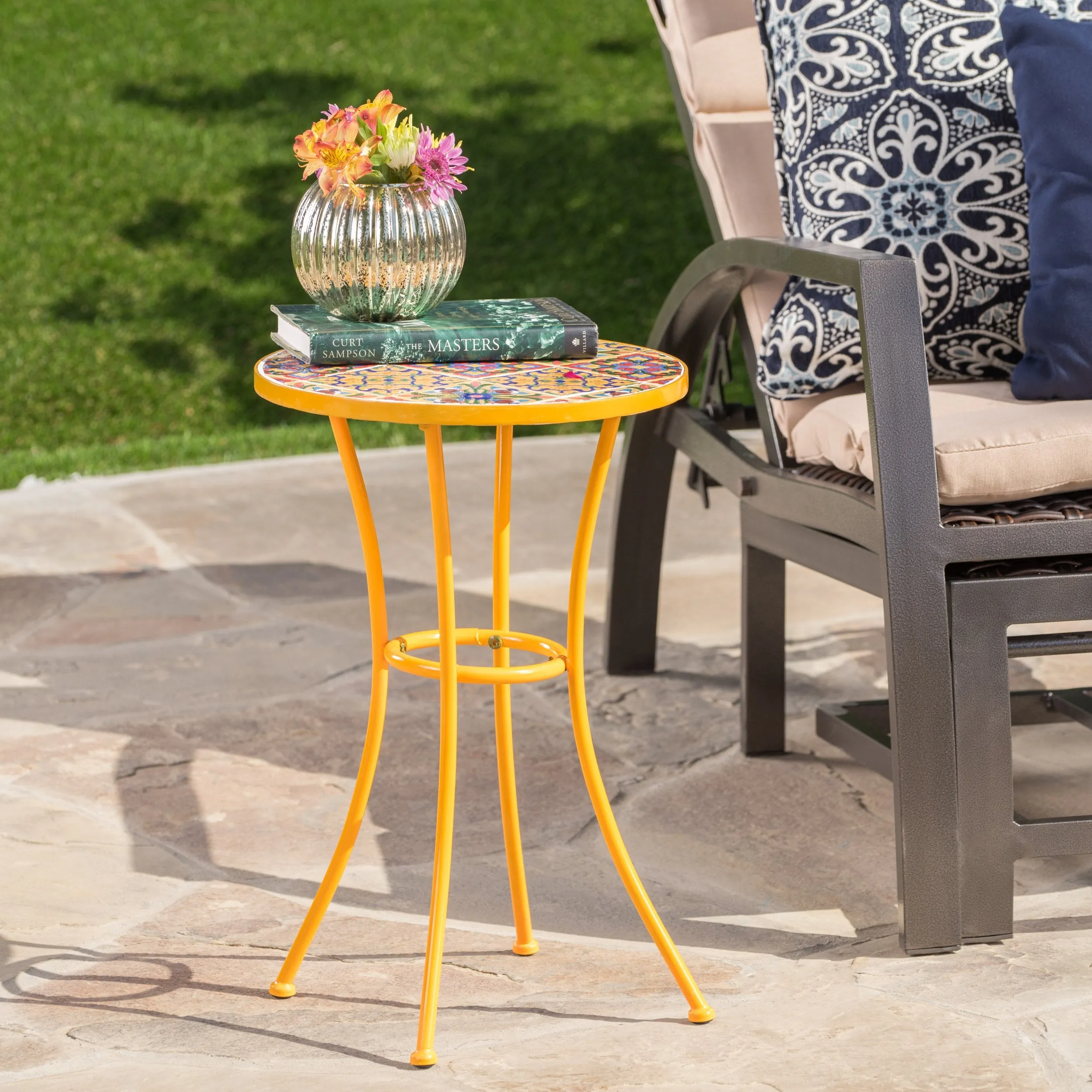 Outdoor Yellow Ceramic Tile Side Table with Iron Frame - NH951103 patio chairs, outdoor seating