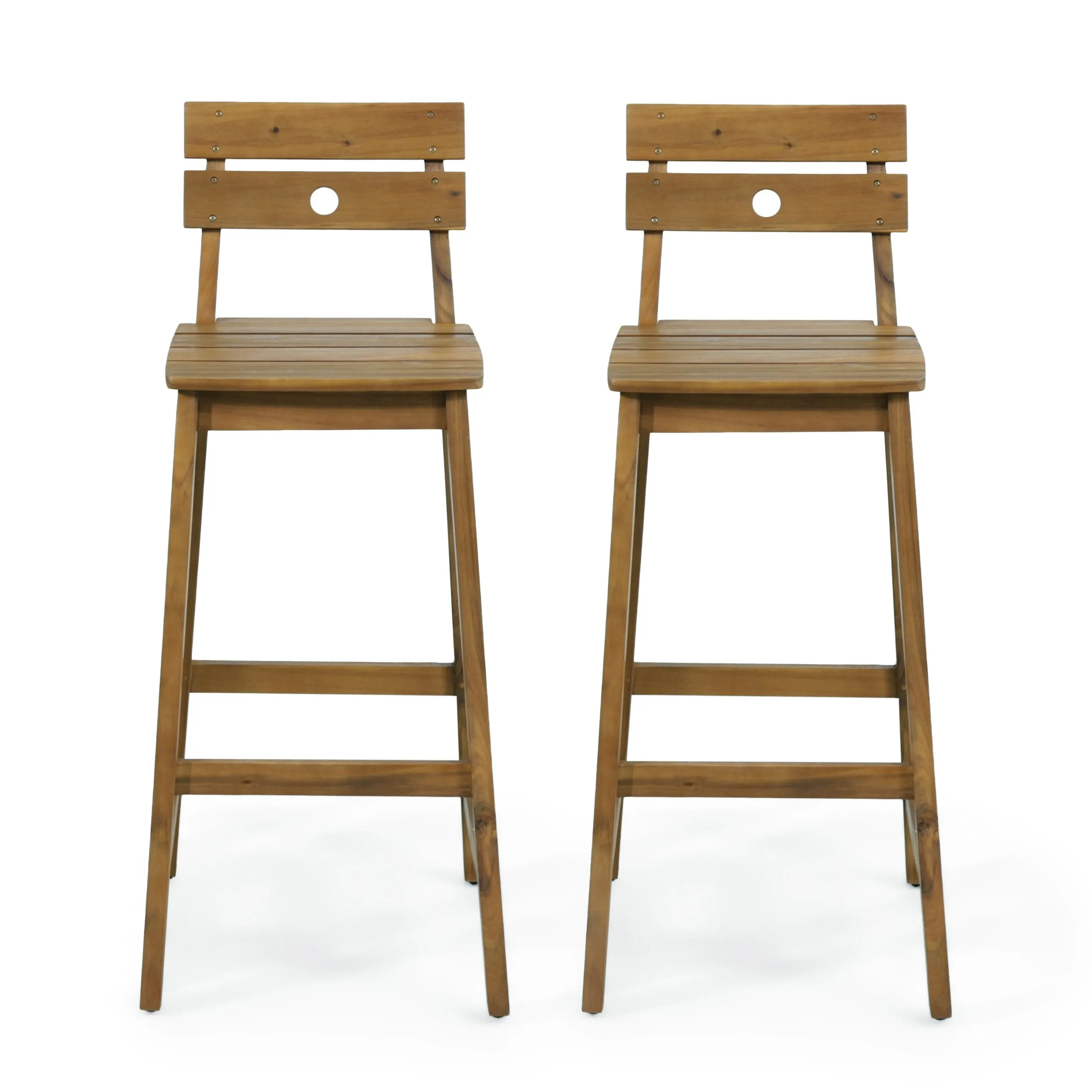 Outdoor/Indoor Acacia Wood Backed Barstools, Set of 2, Teak - NH973513 patio chairs, outdoor seating