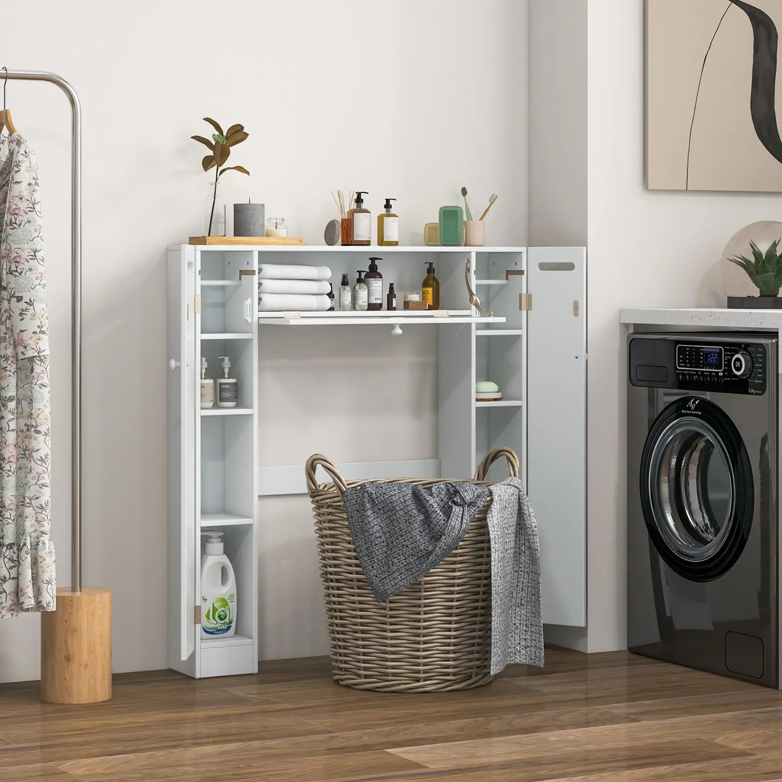 Over-The-Toilet Rack Bathroom Shelf Storage Cabinet Wooden Drop Door Freestanding Spacesaver Improvements, White
