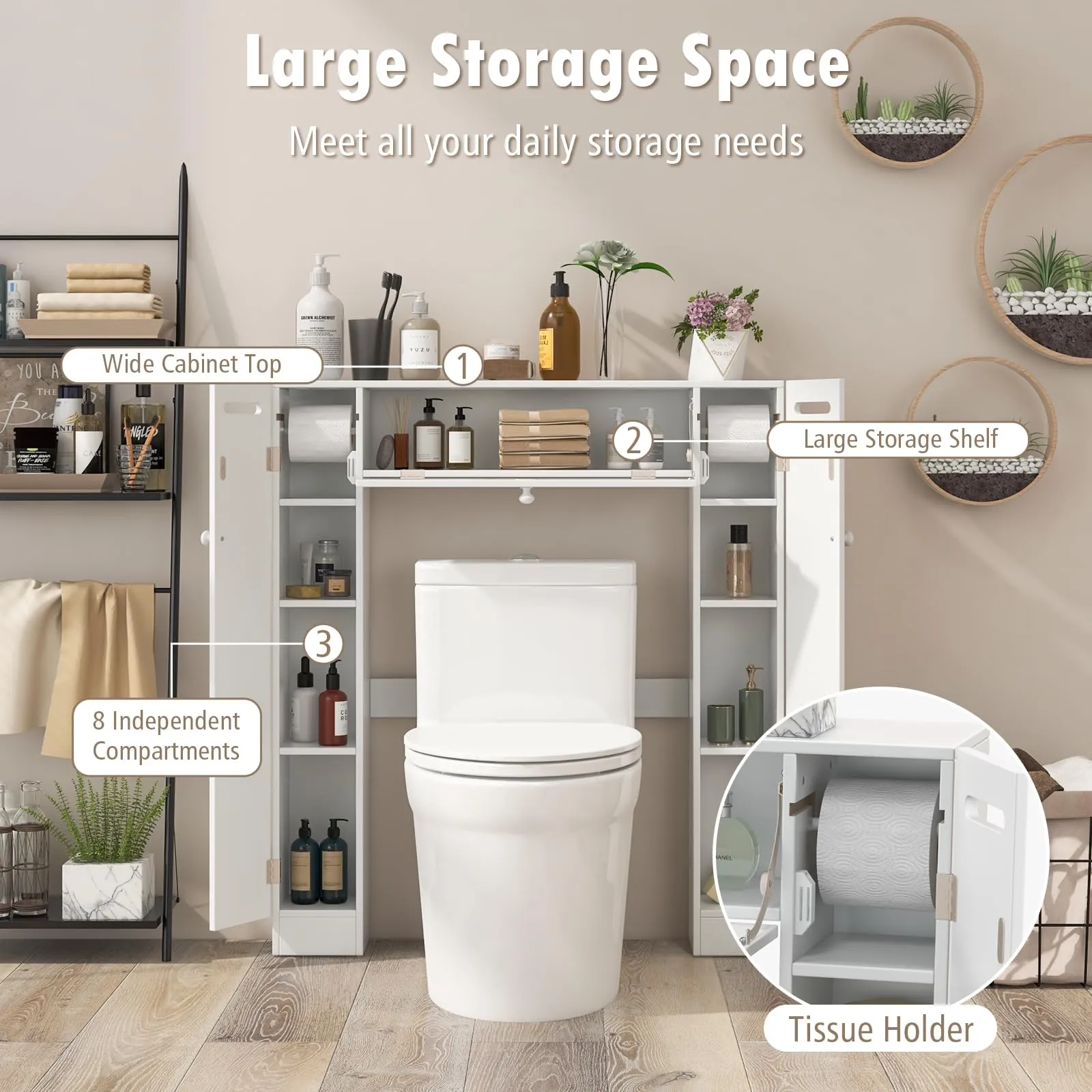 Over-The-Toilet Rack Bathroom Shelf Storage Cabinet Wooden Drop Door Freestanding Spacesaver Improvements, White