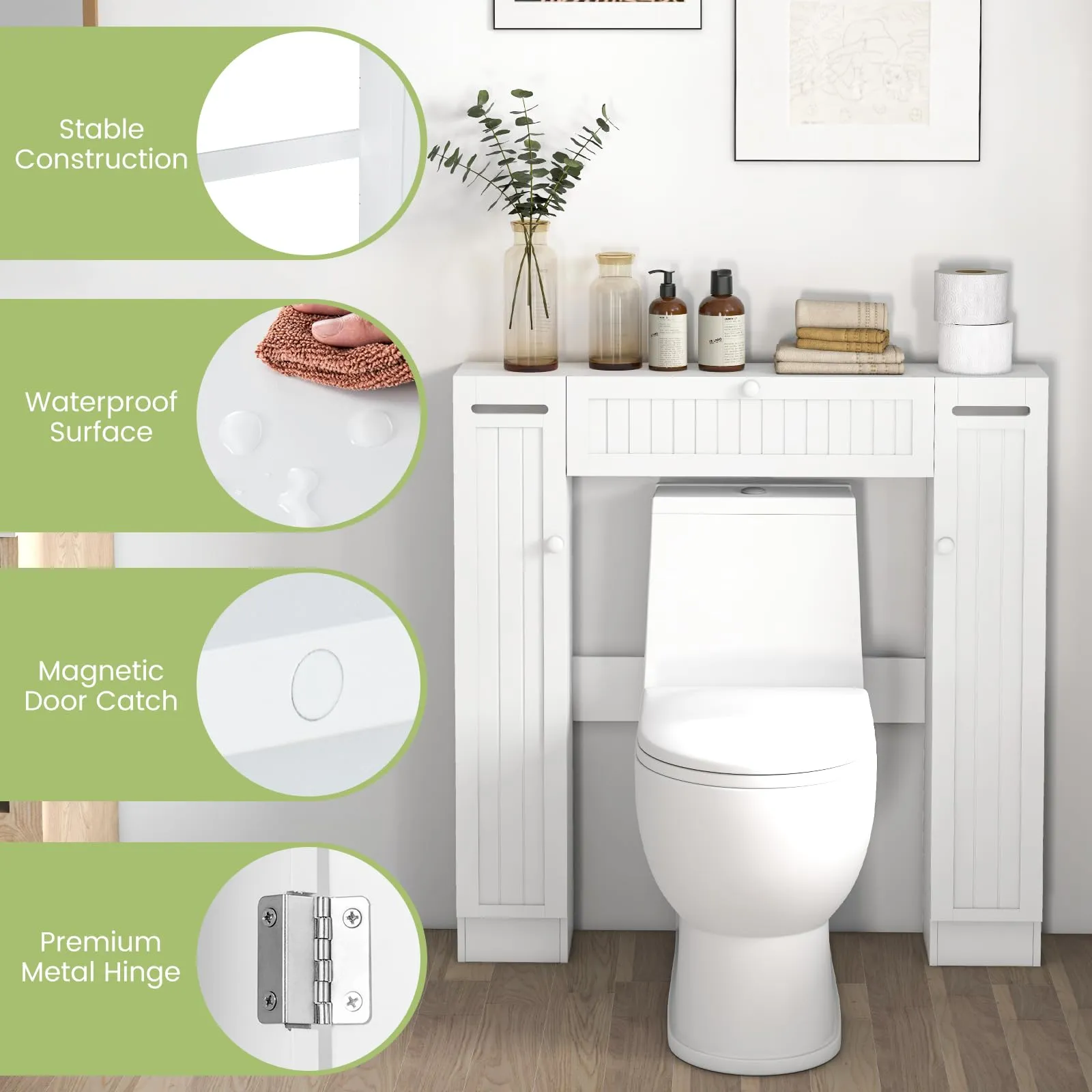 Over-The-Toilet Rack Bathroom Shelf Storage Cabinet Wooden Drop Door Freestanding Spacesaver Improvements, White