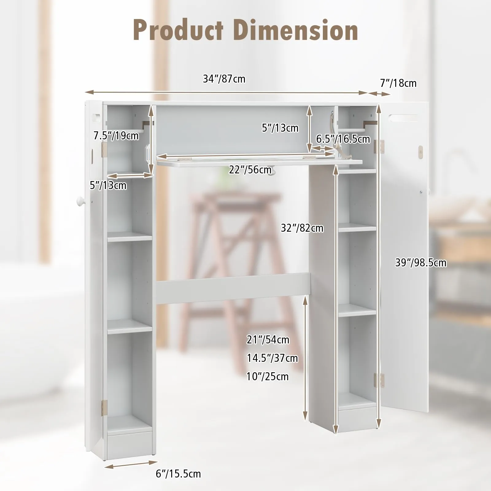 Over-The-Toilet Rack Bathroom Shelf Storage Cabinet Wooden Drop Door Freestanding Spacesaver Improvements, White