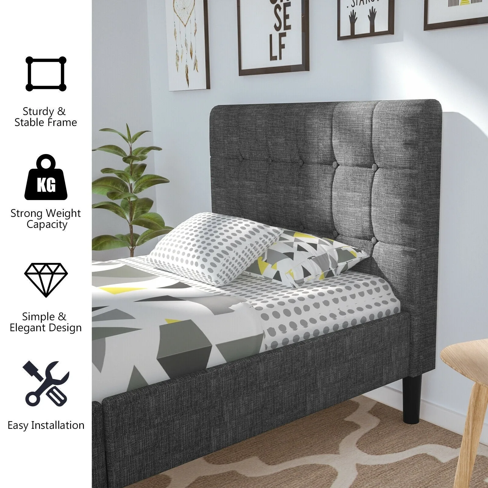 Platform Bed with Button Tufted Headboard | Upholstered Bed Frame