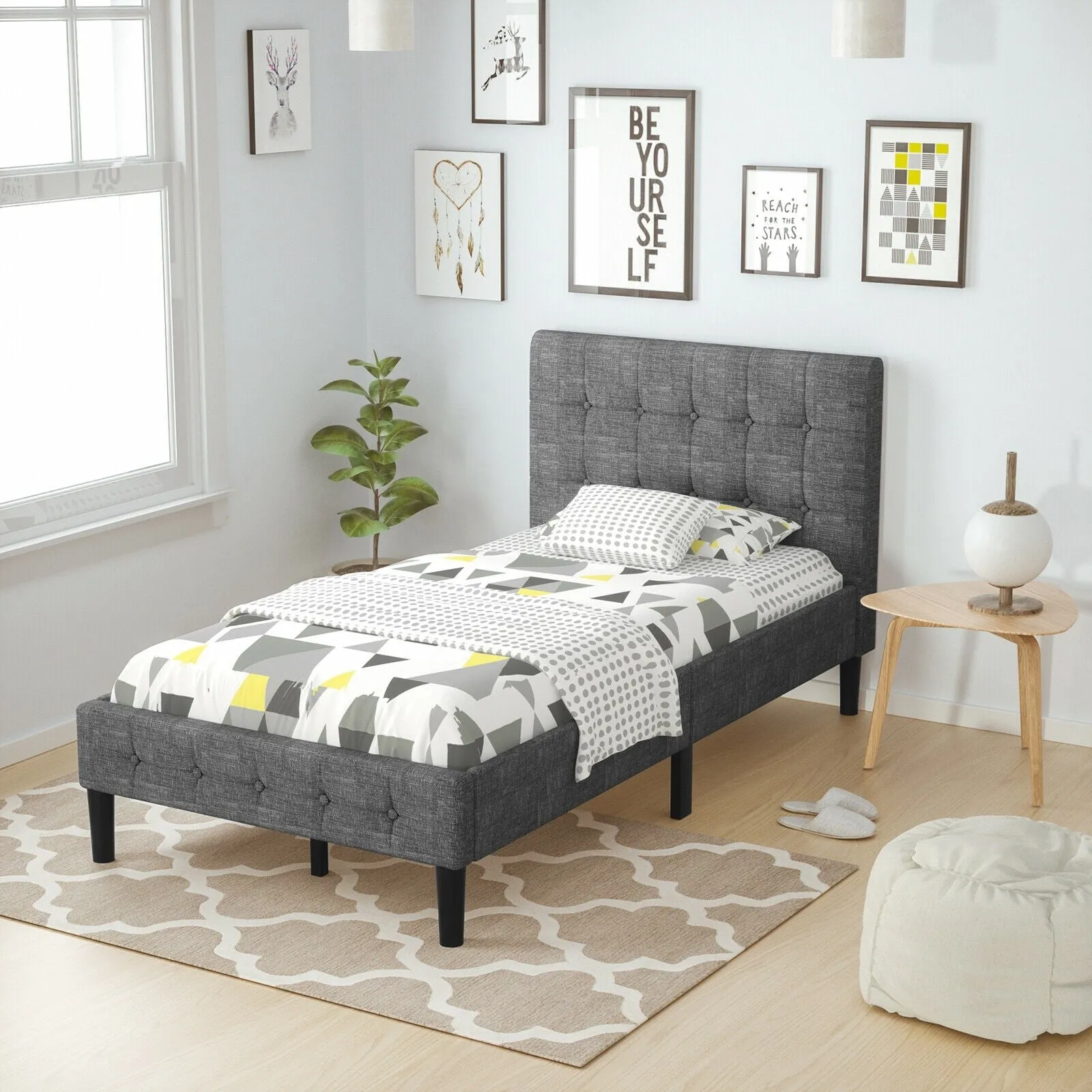 Platform Bed with Button Tufted Headboard | Upholstered Bed Frame