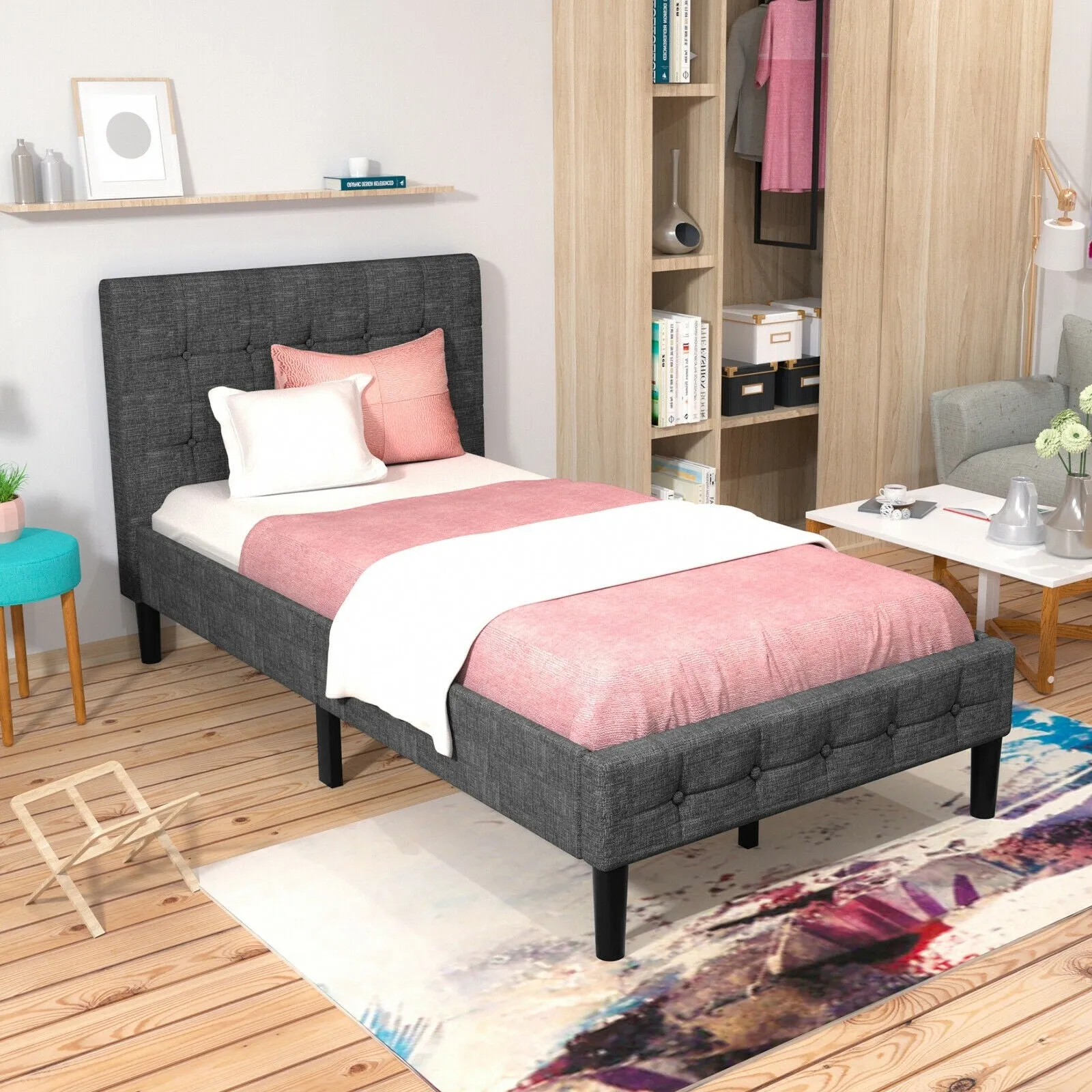 Platform Bed with Button Tufted Headboard | Upholstered Bed Frame