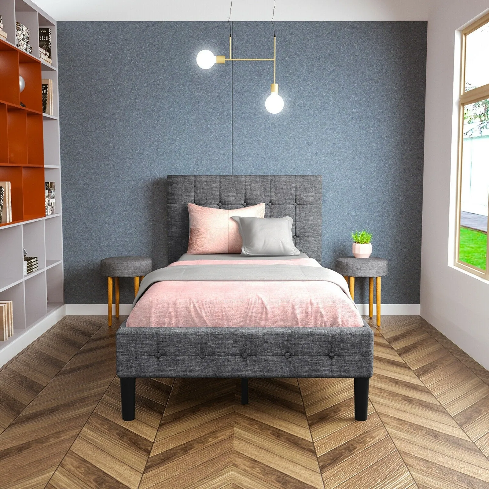 Platform Bed with Button Tufted Headboard | Upholstered Bed Frame