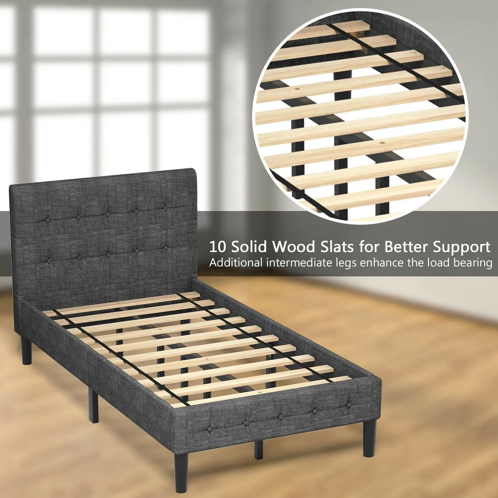 Platform Bed with Button Tufted Headboard | Upholstered Bed Frame