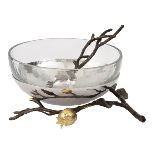 Pomegranate Bowl set with spoon, H7.5 x W18 x L19cm, Gold, Silver & Brown napkin rings, dining placemats